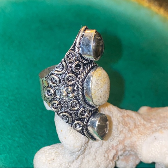 Indonesian Sea Fossil Coral + Smoky Quartz  vintage handcrafted ring - Picture 3 of 12